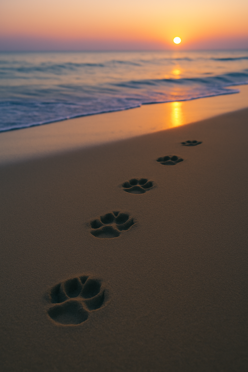 Paw prints in sand leading towards a sunset over water
