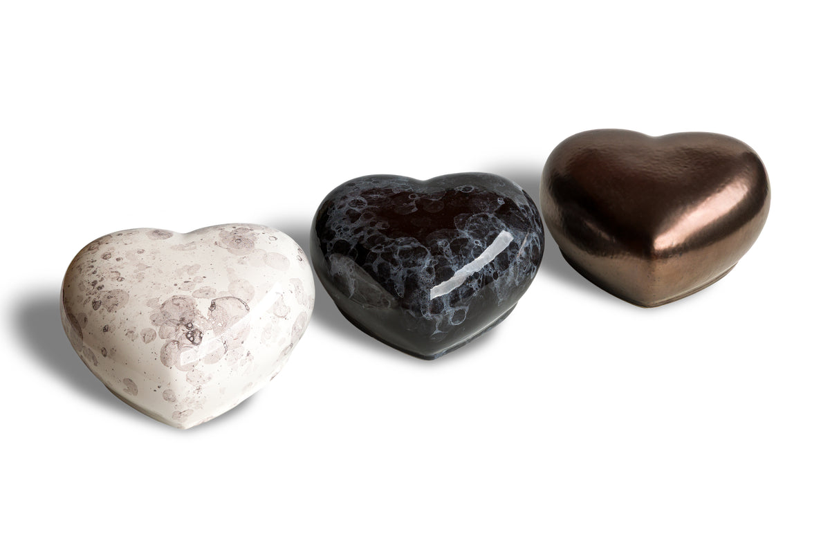 Large Heart Urns for pet ashes - black marble, white marble and bronze
