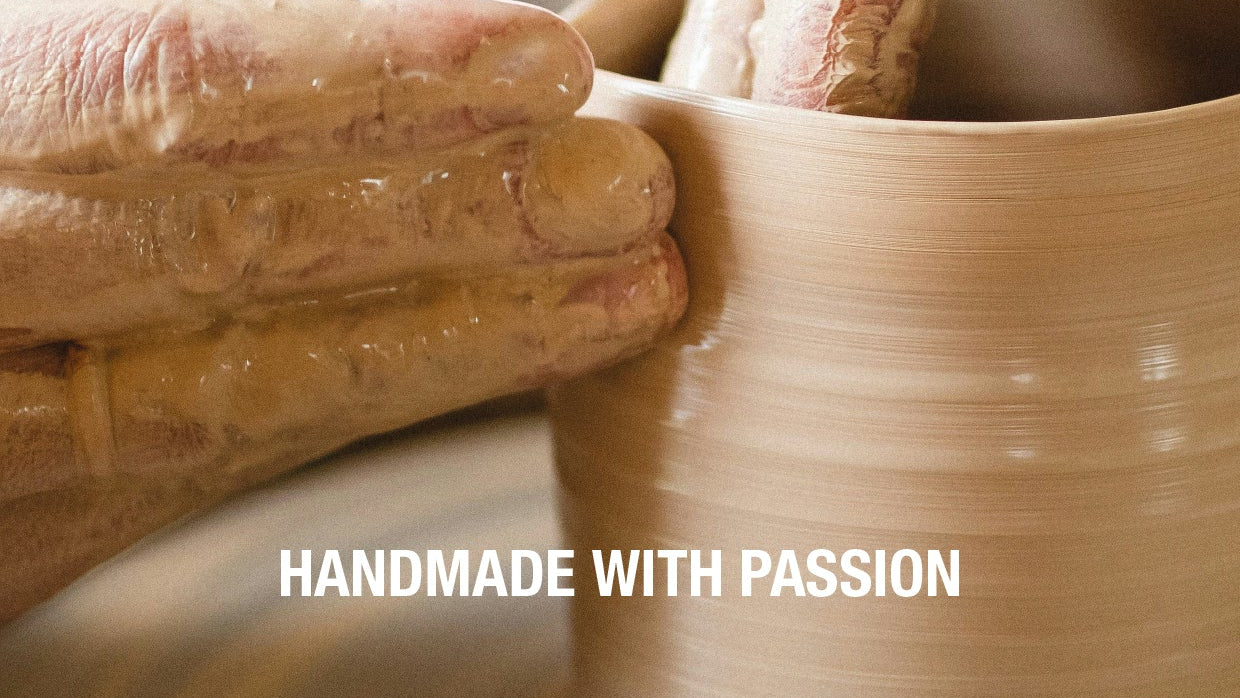 Hands working with clay on a potter's wheel, with 'Handmade with Passion' text overlay.